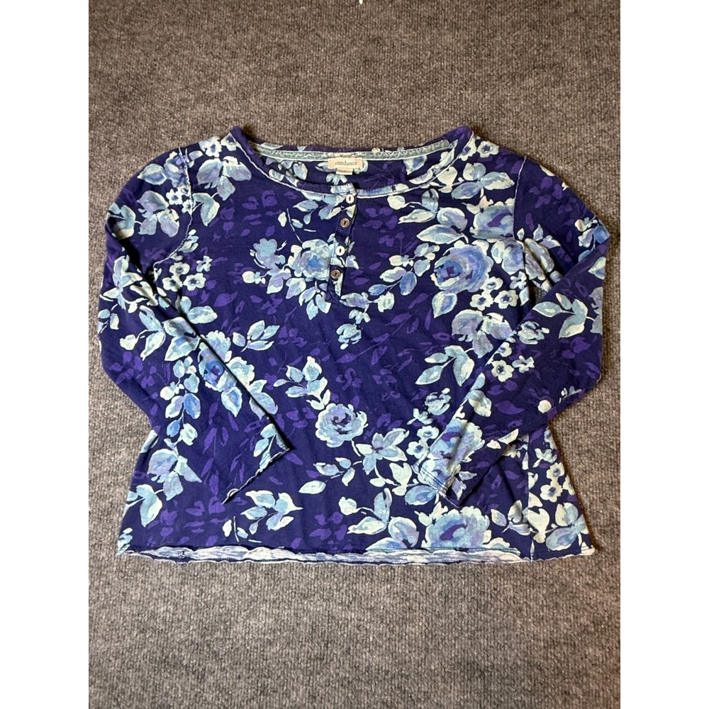 Sundance Women Purple Blue Floral Henley 100%Cotton Slub Long Sleeve Top Small